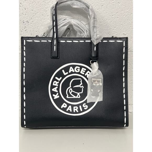 NWT Karl Lagerfeld Paris Nouveau Black White Graphic Logo Small Tote Bag Purse - Picture 4 of 8